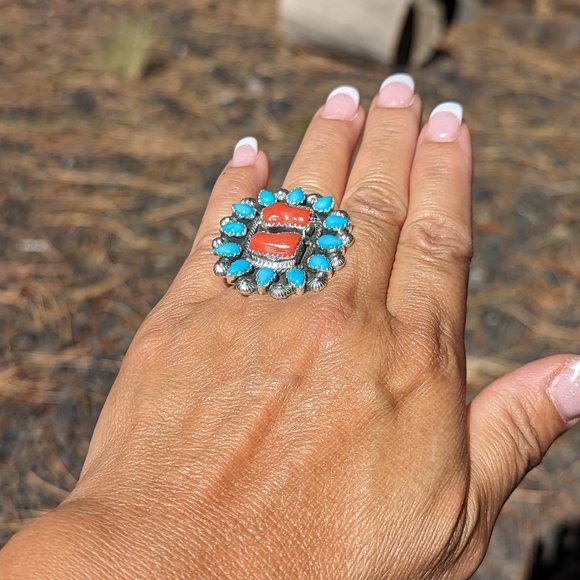 Handcrafted Turquoise Coral Native American Ring Southwestern Sterling Sz 7.5 ** - Picture 9 of 10